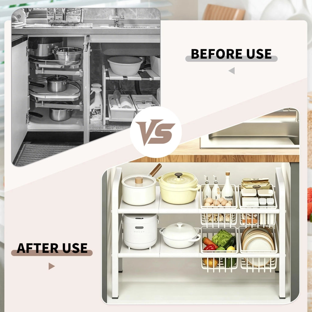 Organizzatore per armadietti da cucina, a 2 livelli, bianco, con 4 ripiani e 4 cesti
