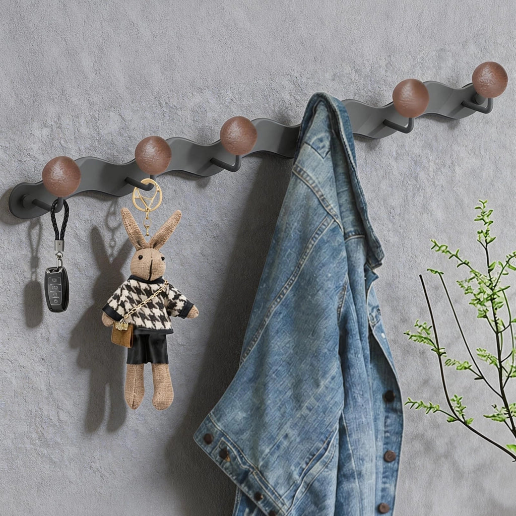Appendiabiti a parete, 46 cm, 6 ganci, legno e metallo, grigio, per ingresso