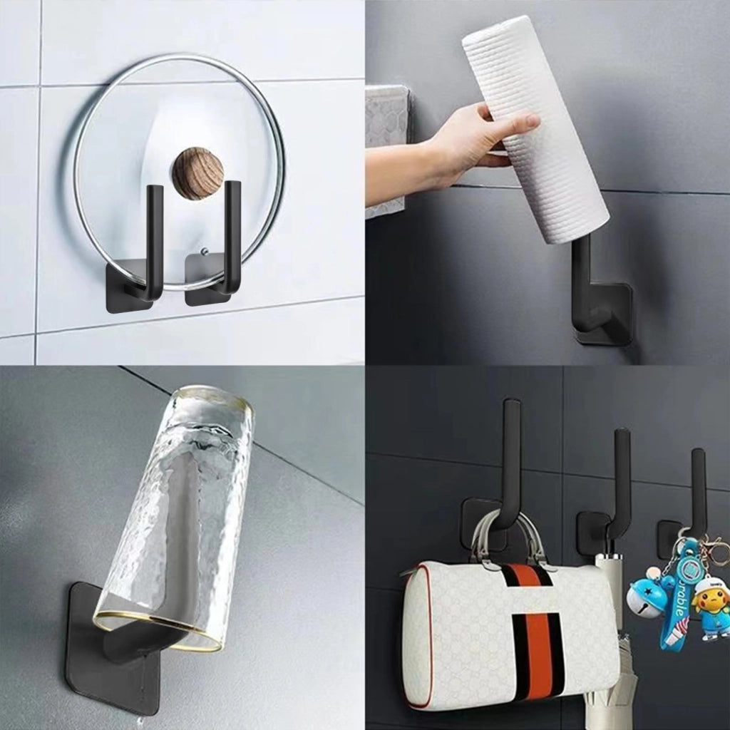 Ganci per tende, 8 pezzi, adesivi, a forma di L, neri