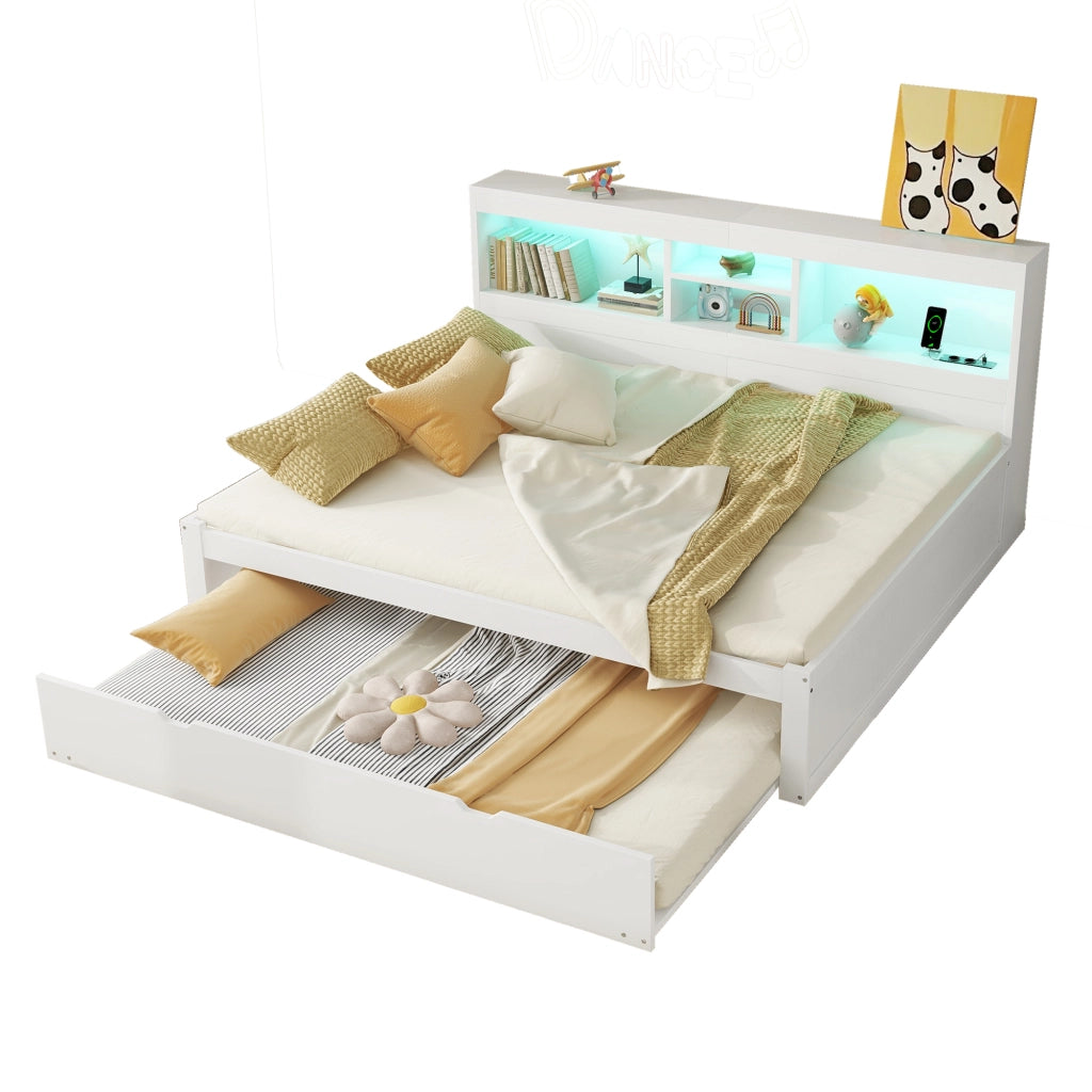 Letto con letto estraibile 140 × 200 cm con LED telecomandato prese USB vano laterale bianco
