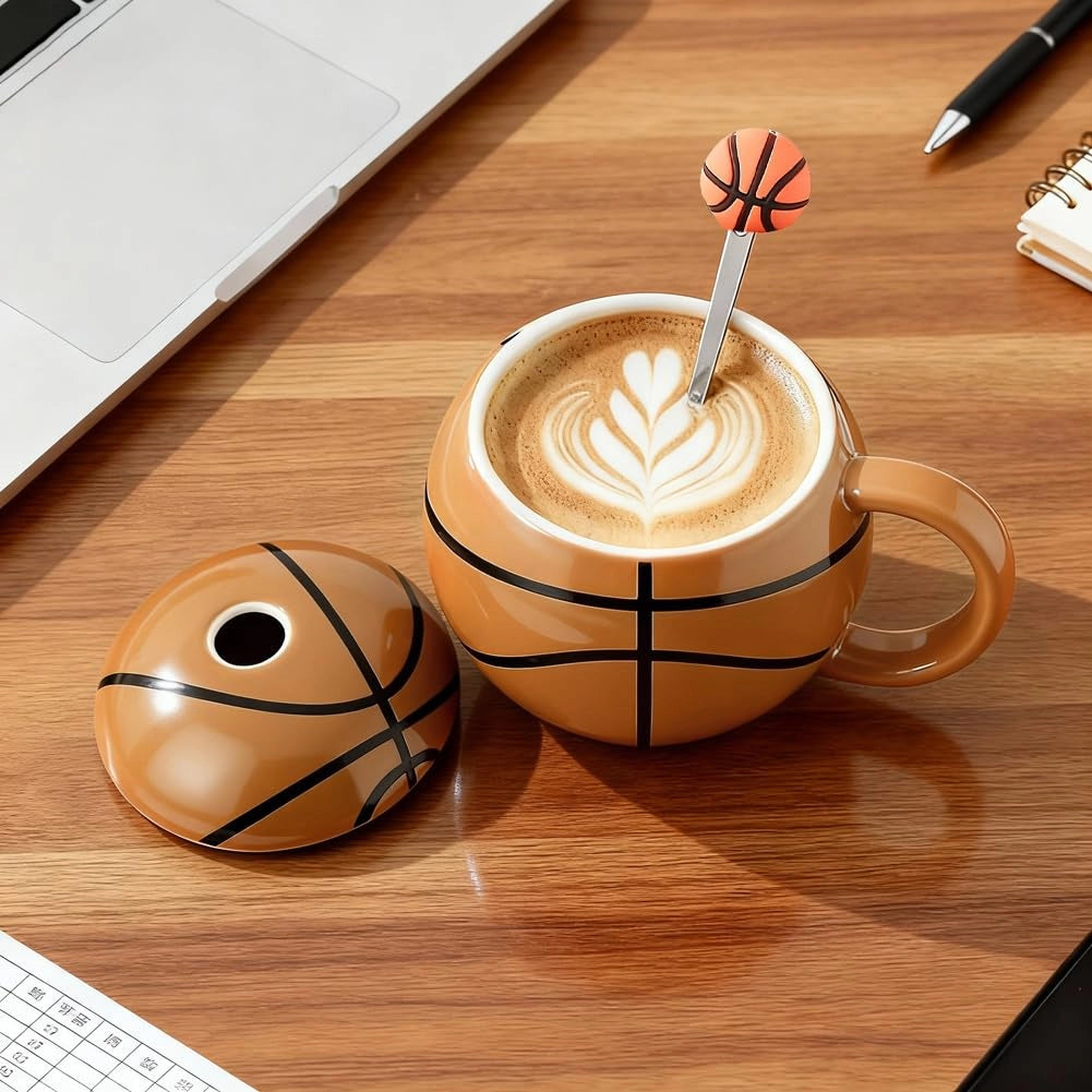 Tazza da caffè con coperchio e cucchiaino, 400 ml, in Vetroceramica, con motivo a tema basket