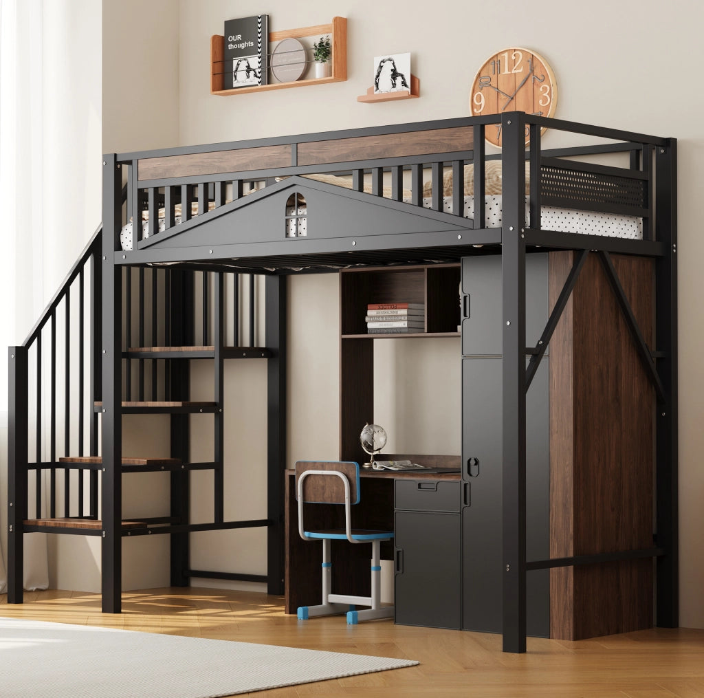 Letto a castello in metallo 90x200 cm con ringhiera di sicurezza e scaletta, nero