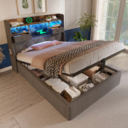 Letto singolo contenitore 90 × 200 cm in lino grigio con testiera LED e ricarica USB Type C