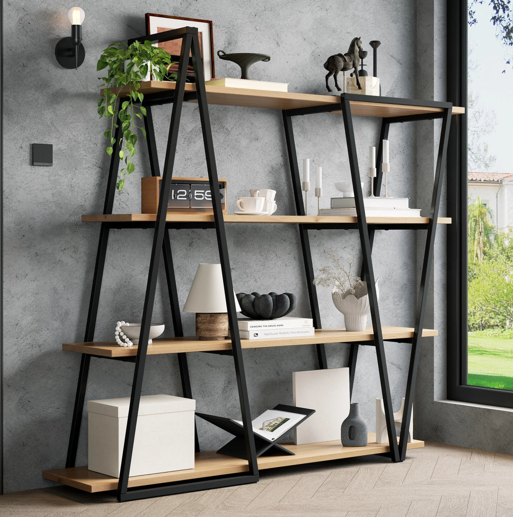 Libreria aperta geometrica 158x35x166 cm in MDF nero e legno, 4 ripiani