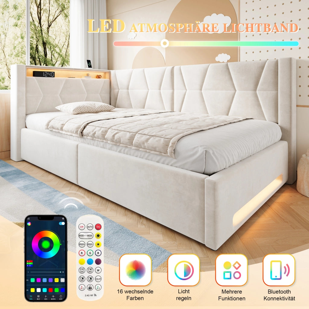 Letto singolo con contenitore 90 × 200 cm imbottito con LED USB e Type-C in metallo rivestito in velluto beige