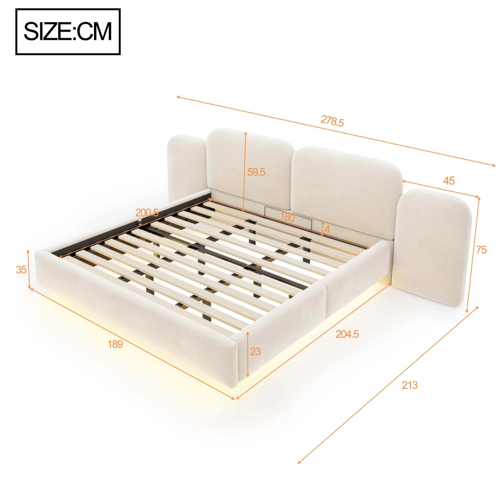 Letto Contenitore 180 x 200 cm, LED RGB Regolabile, USB e Type C, Velluto Beige
