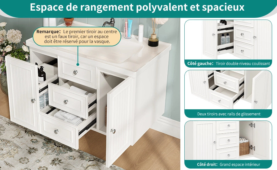 Mobile bagno sospeso con lavabo in ceramica bianco 78,5x46x46,8 cm con 3 cassetti