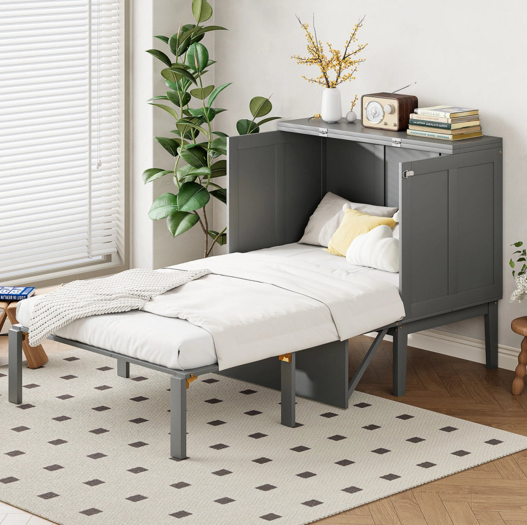 Letto a scomparsa verticale 90x200 cm con rete a doghe, colore grigio, risparmio spazio per camere singole