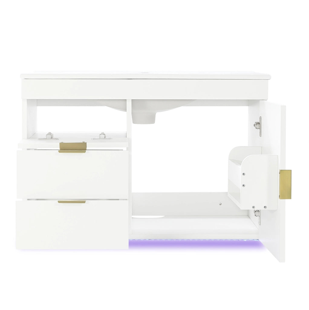 Mobile sottolavabo sospeso 76 cm in MDF bianco con LED e app, senza rubinetto