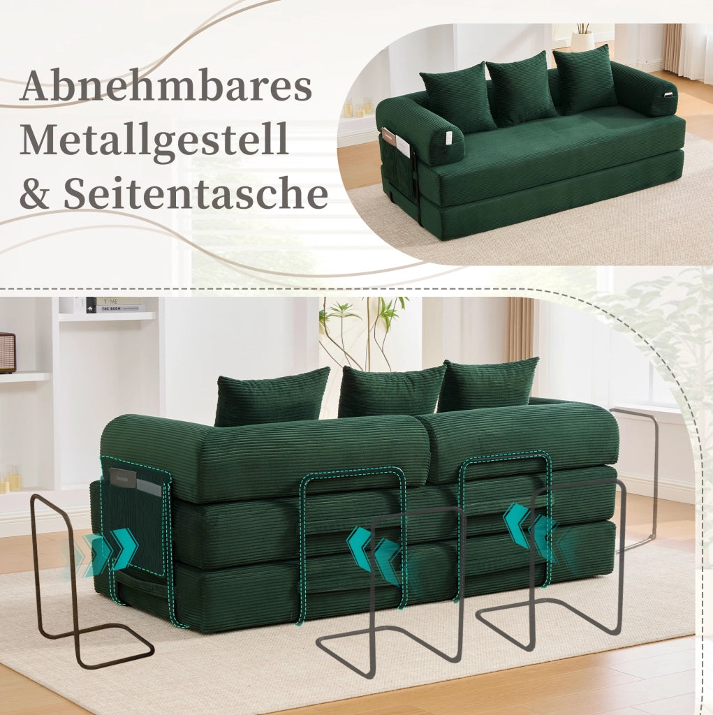 DIVANO Modulare 200x94x67 cm Velluto a Coste Verde Smeraldo con 3 Cuscini