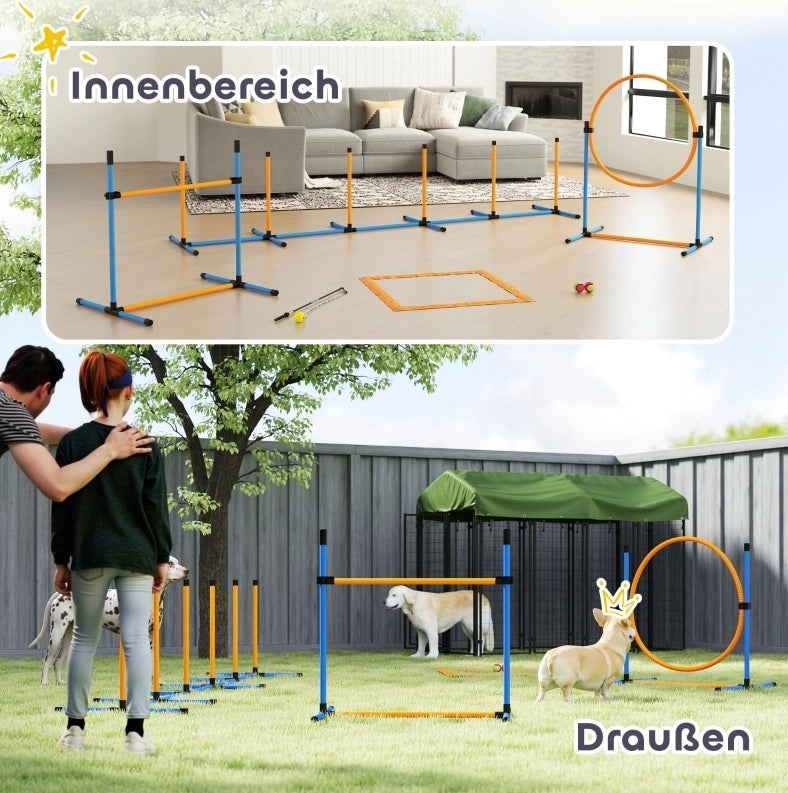 Set agility per cani con ostacolo, cerchio e pali da slalom blu