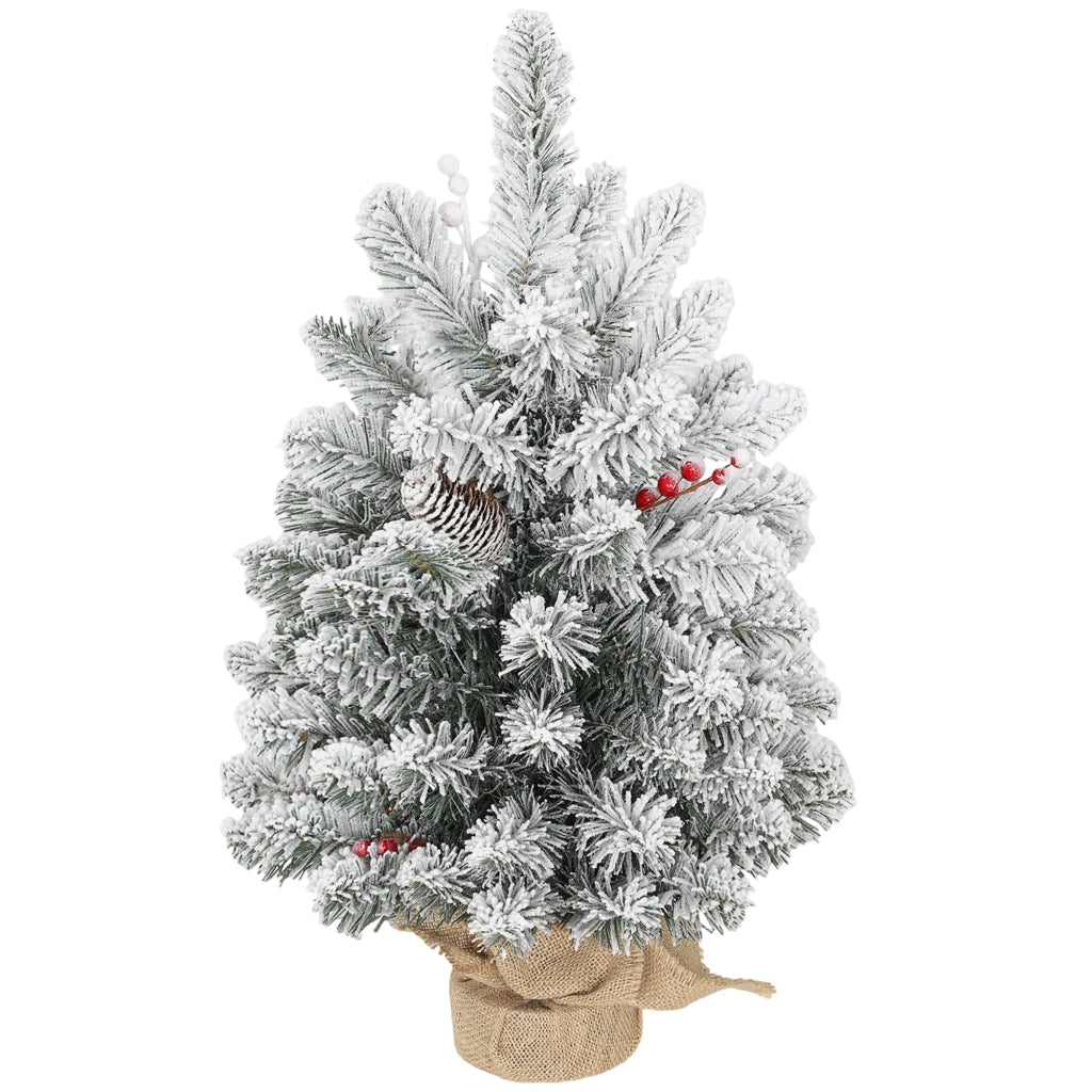 Albero di Natale Piccolo Alto 60 cm con 72 Rami Innevati Pigne e Bacche Rosse Verde