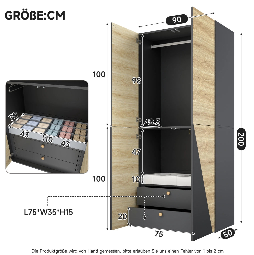 Armadio a battente 90 x 50 x 200 cm con cassetti e contenitore