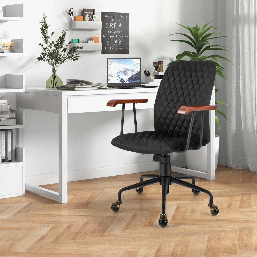 Sedia da Scrivania Ergonomica in Velluto Nero con Braccioli in Legno e Ruote Sedia da Ufficio Girevole Regolabile per Casa e Studio