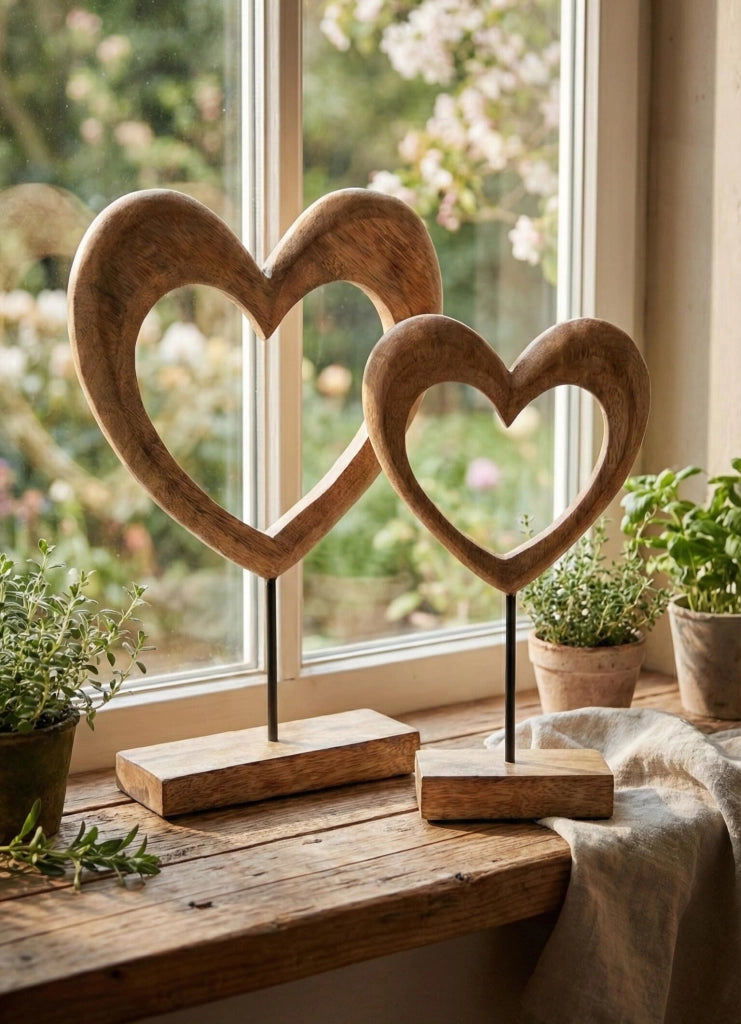 Decorazioni a forma di cuore in legno di mango, set da 2, dimensioni 25 e 31 cm