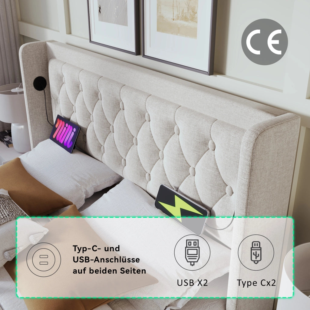 Letto matrimoniale contenitore 160 × 200 cm con materasso a molle LED USB Tipo C testiera imbottita cotone beige
