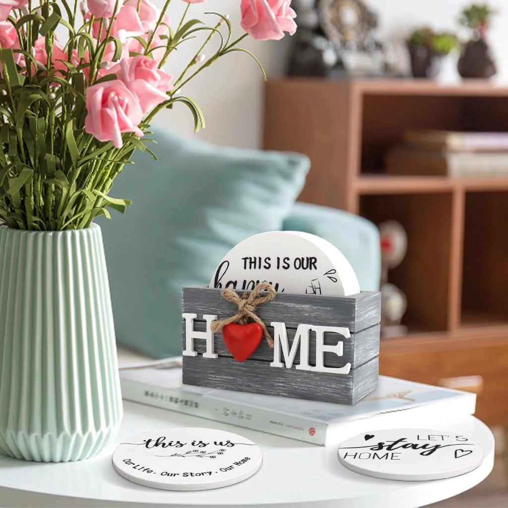 Set di 6 sottobicchieri in legno, diametro 10 cm, con supporto, stile rustico