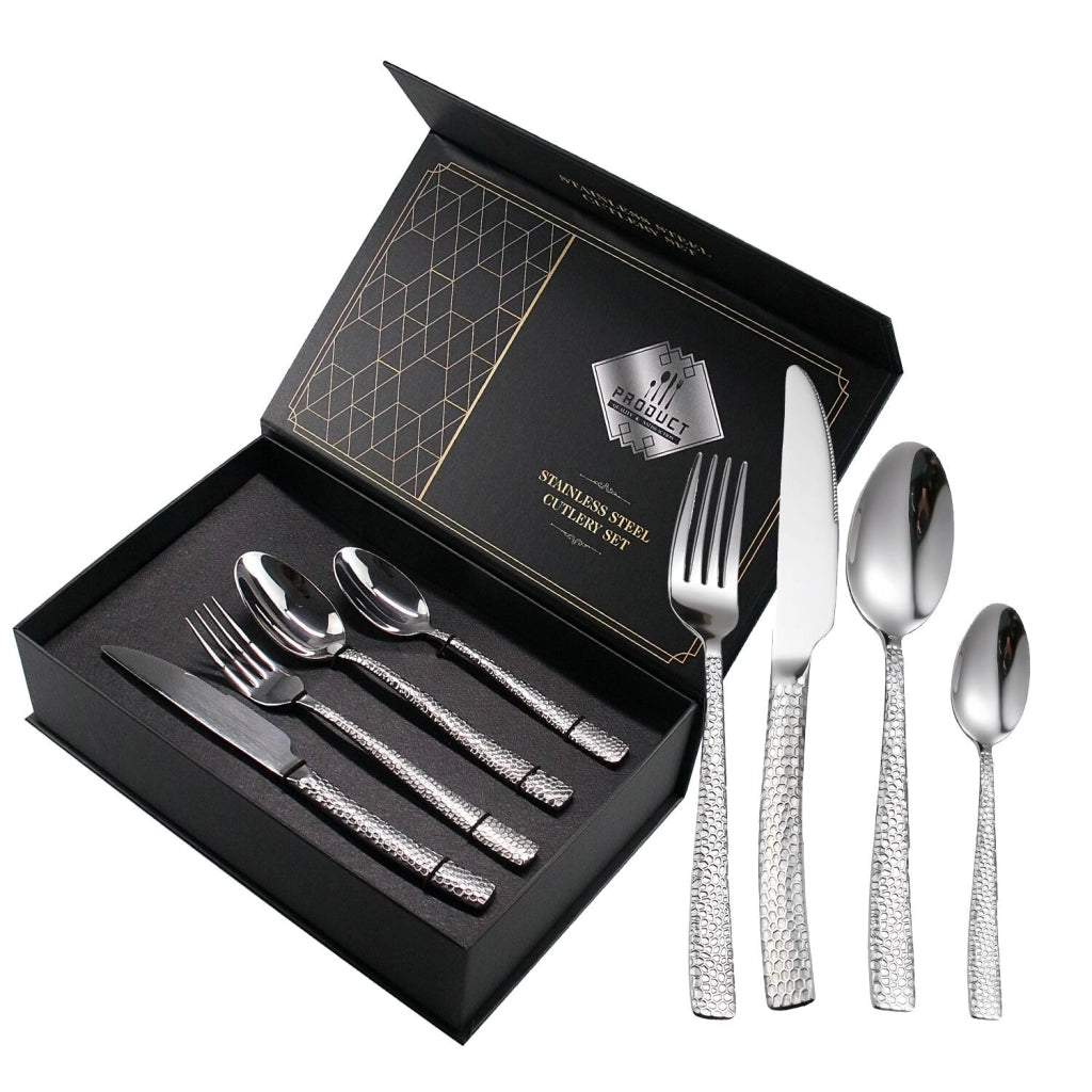 Set di posate in acciaio inossidabile martellato, composto da 24 pezzi, per 6 persone, colore argento