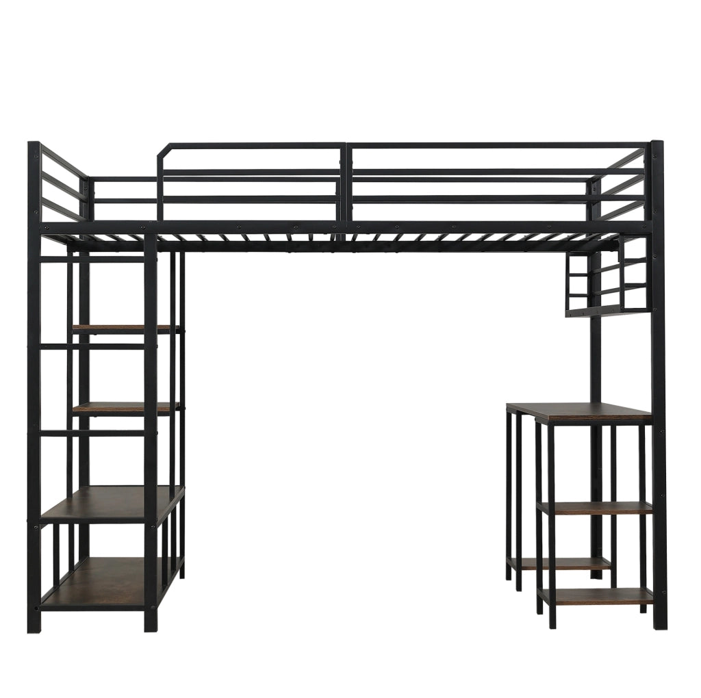 Letto a soppalco 120x200 cm con scrivania e ripiano in metallo e truciolare; nero noce scuro