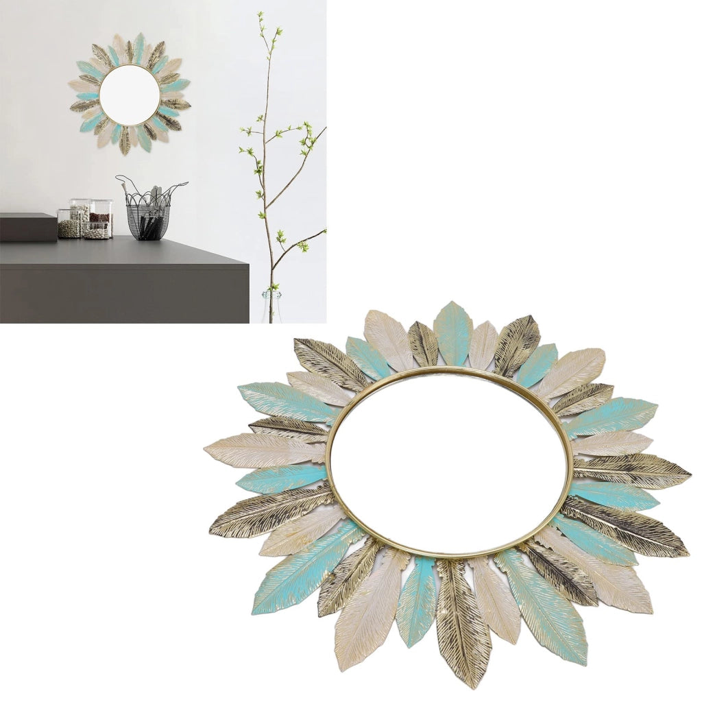 Decorazione da parete in metallo con specchio, design a piume, 41x41 cm