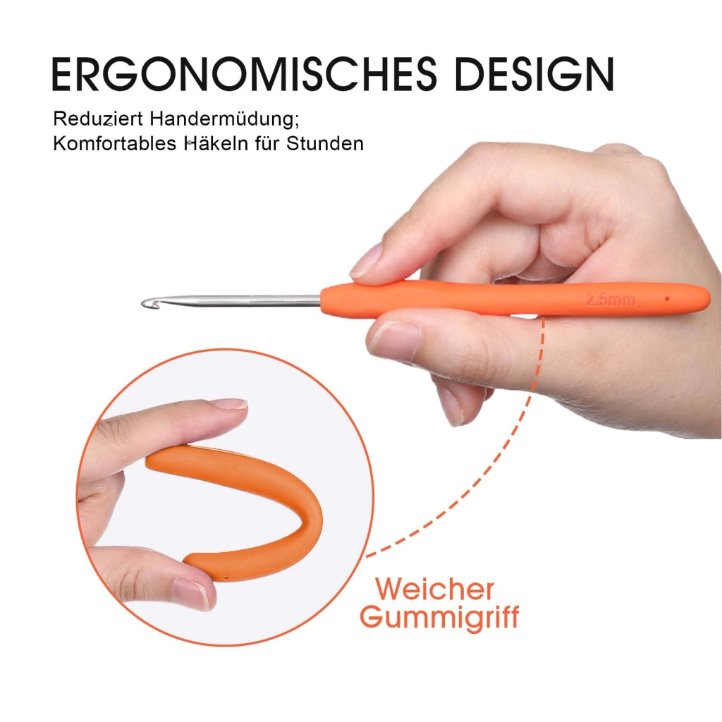 Set di ferri da uncinetto, 36 pezzi, da 2 a 10 mm, ergonomici, con custodia