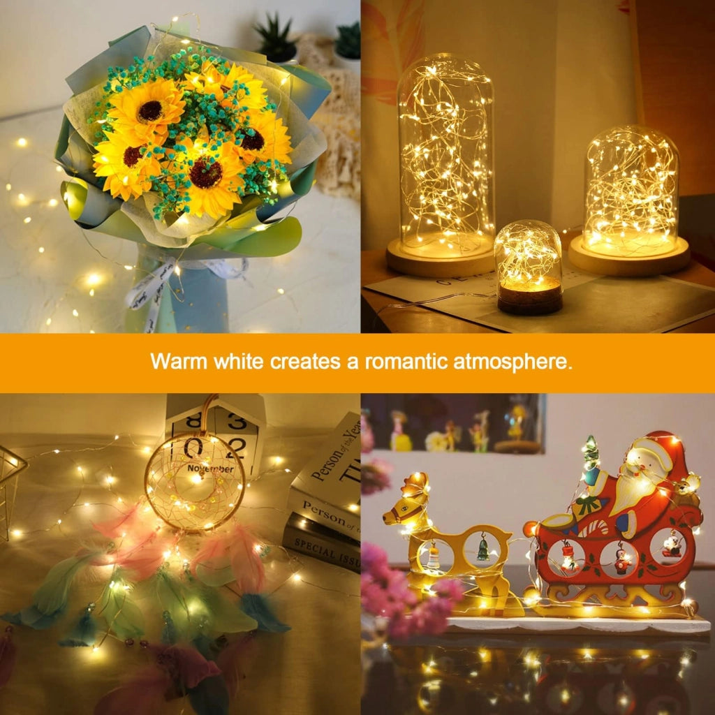 Catena luminosa a LED, confezione da 10, lunghezza 1 metro, luce bianco caldo, grado di protezione IP67, filo in rame