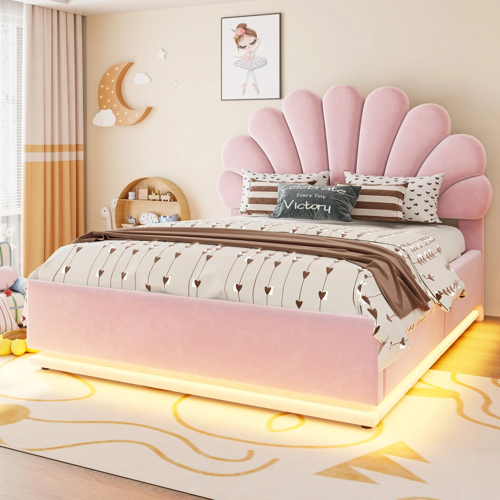 Letto contenitore 90 ¡Á 200 cm con LED e testiera a fiore rivestita in velluto beige struttura in metallo