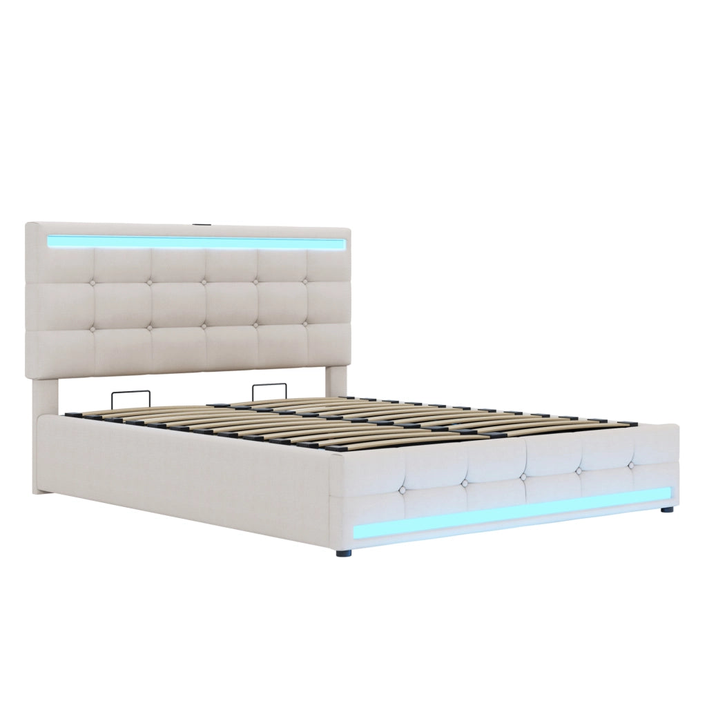 Letto imbottito ULEVR 140x200 cm beige con contenitore a sollevamento, luci LED e 2 porte USB