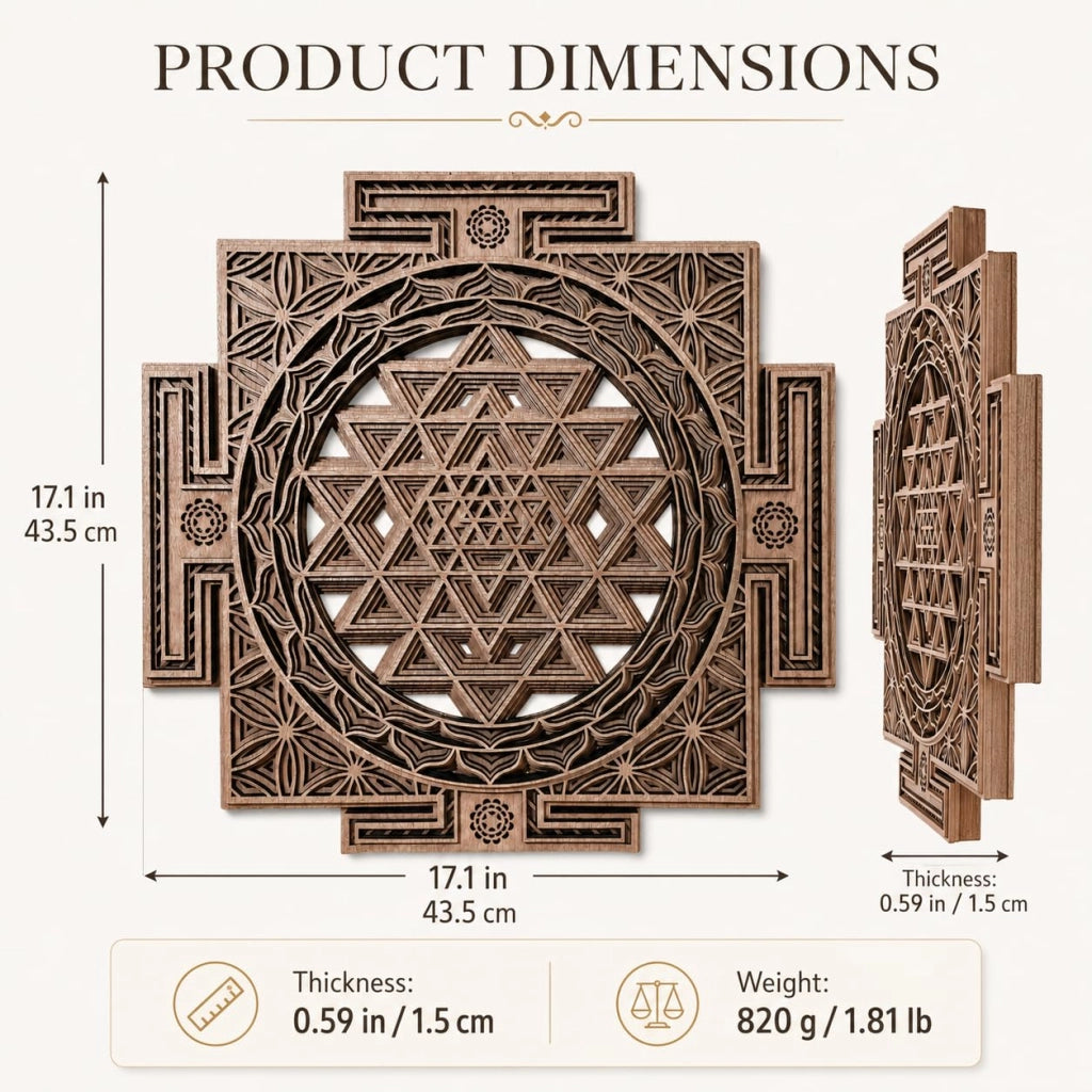 Pannello decorativo in legno raffigurante il Sri Yantra, simbolo della geometria sacra, dimensioni 43,2 x 43,2 cm, colore marrone rame