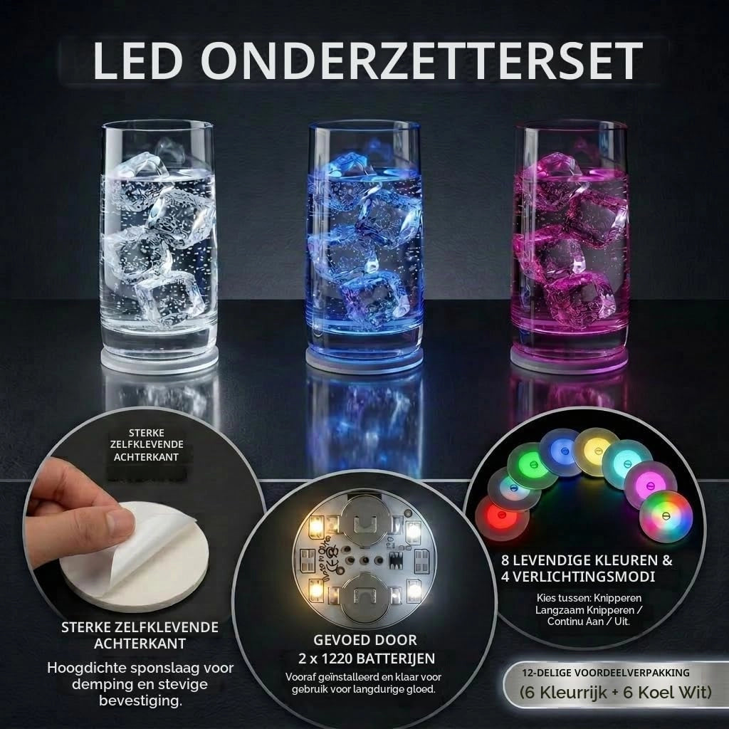12 adesivi luminosi a LED per bicchieri e bottiglie – Multicolore e bianco freddo