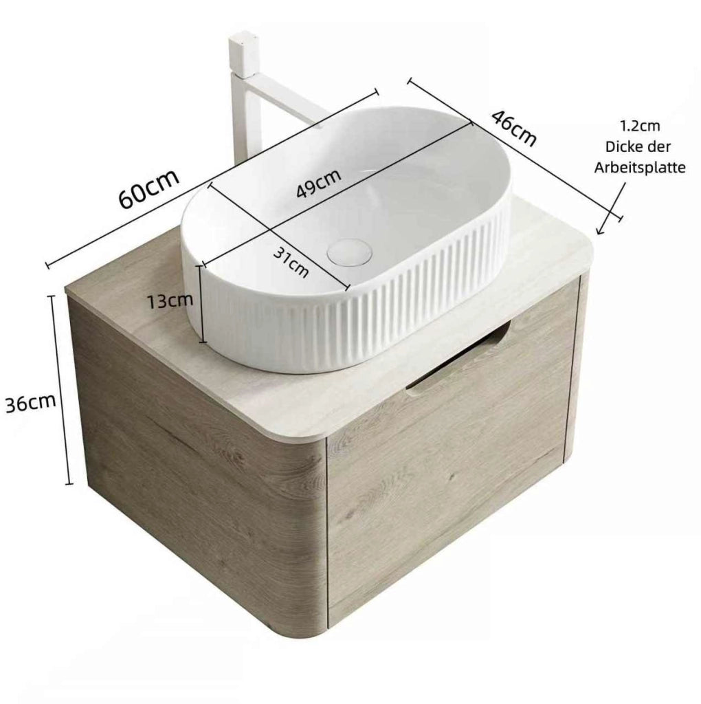 Mobile lavabo sospeso 60 cm in ceramica bianca e pietra sinterizzata beige, preassemblato