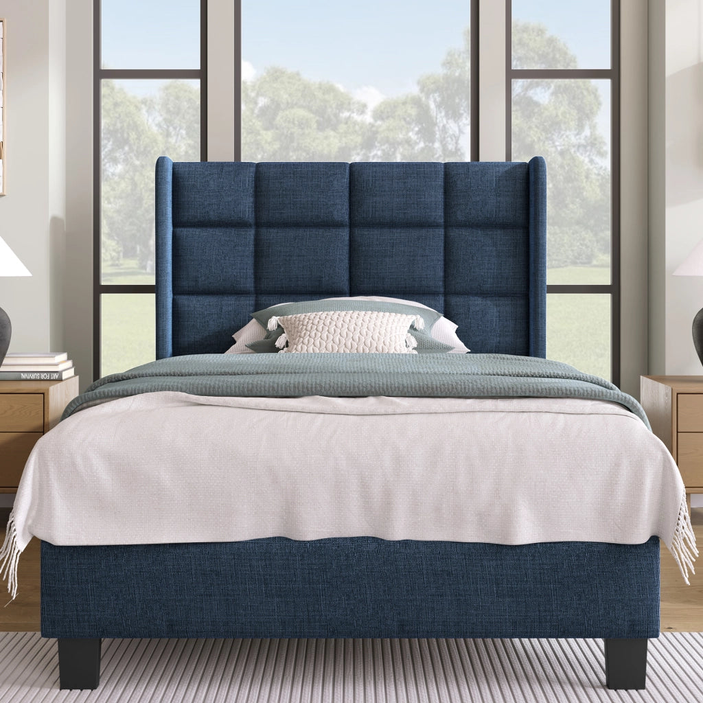 Letto singolo imbottito blu 90x200 cm con testiera