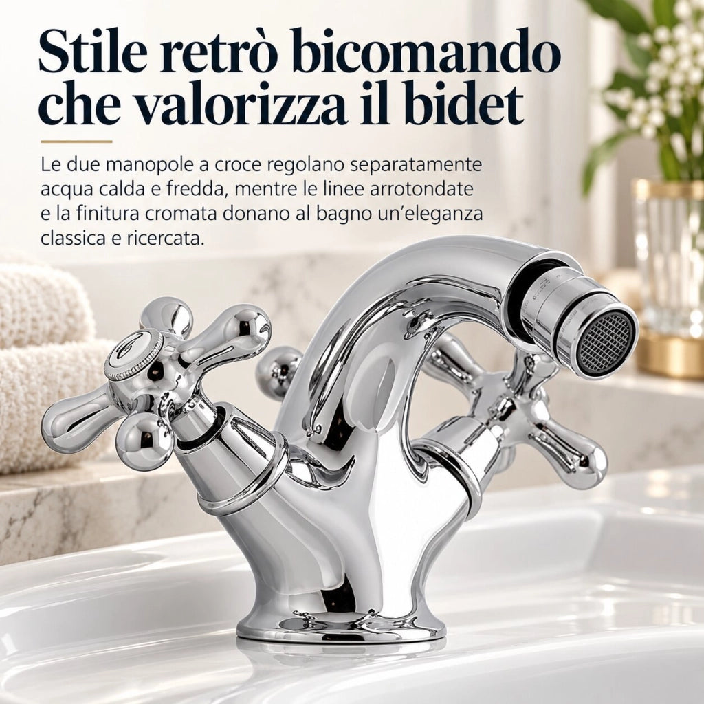 Rubinetto Bidet Bicomando Retrò Ottone Cromato con Piletta Click Clack 52345A