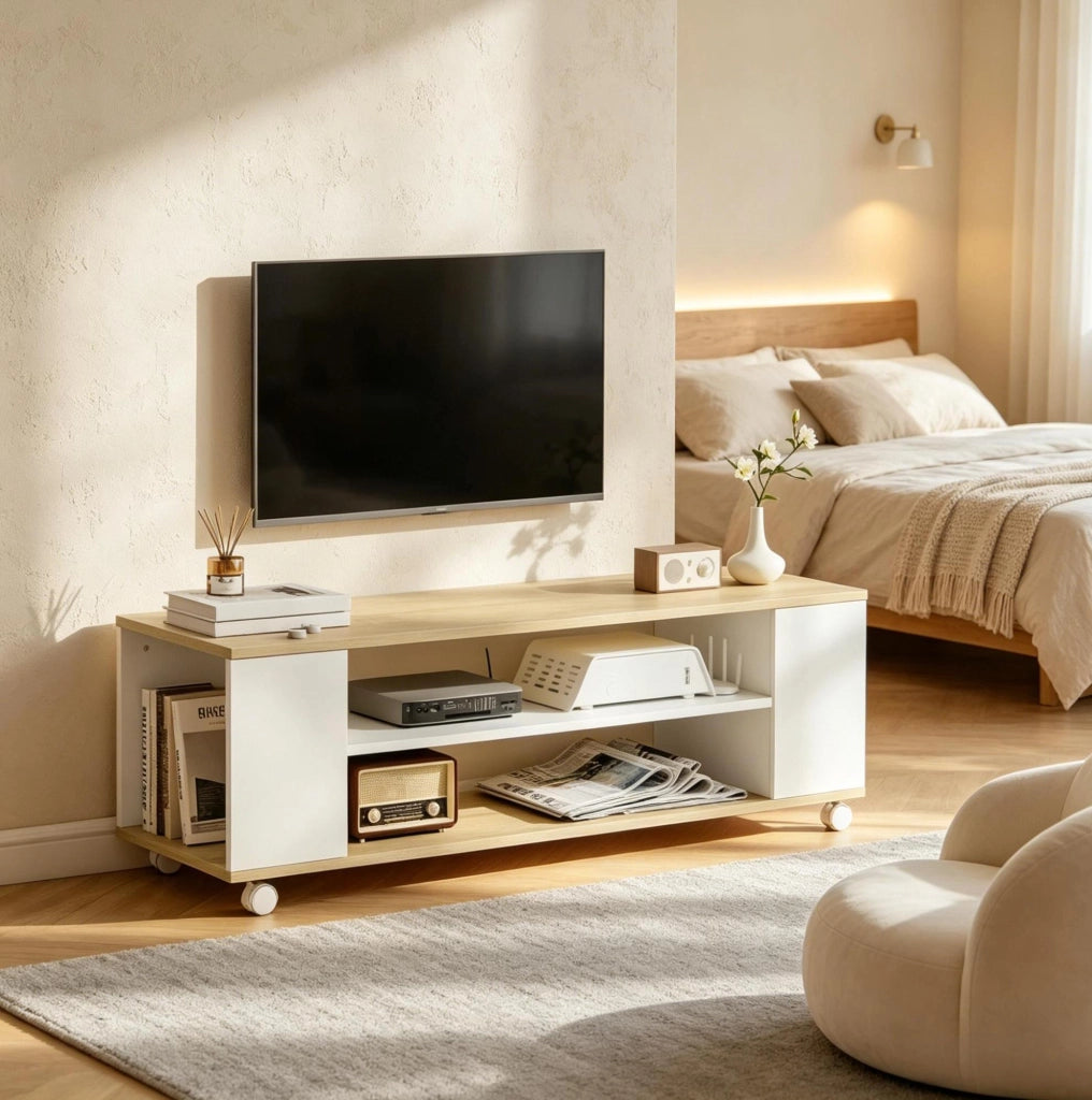 Mobile TV su ruote 120x40x38,5 cm in pannello truciolare bianco naturale per soggiorno