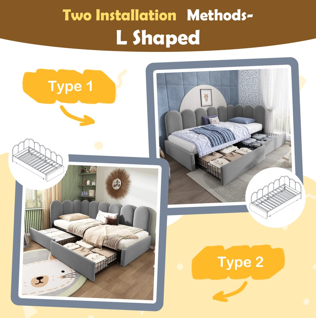 Letto singolo imbottito con 2 cassetti 90x190 cm in velluto grigio