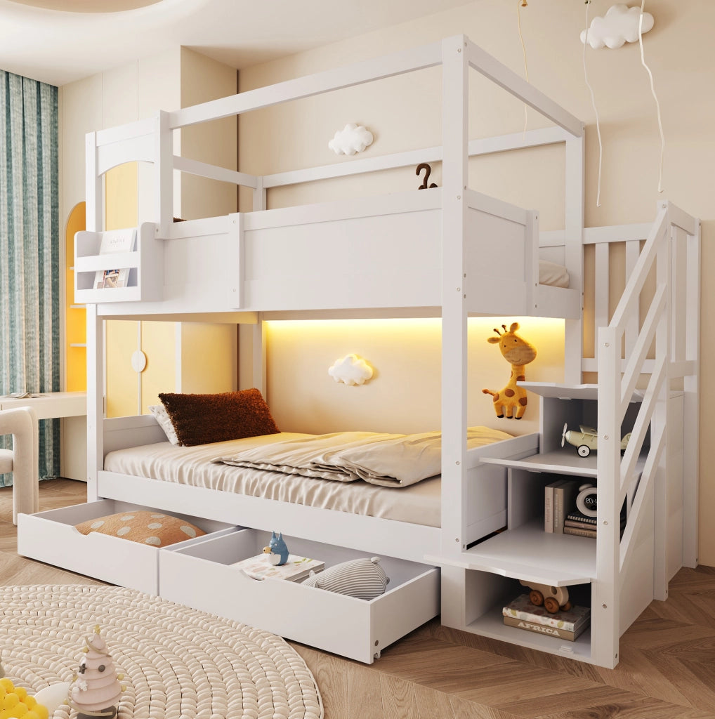 Letto contenitore per bambini 90x200 cm con scala e rete a doghe in legno bianco per cameretta, senza materasso