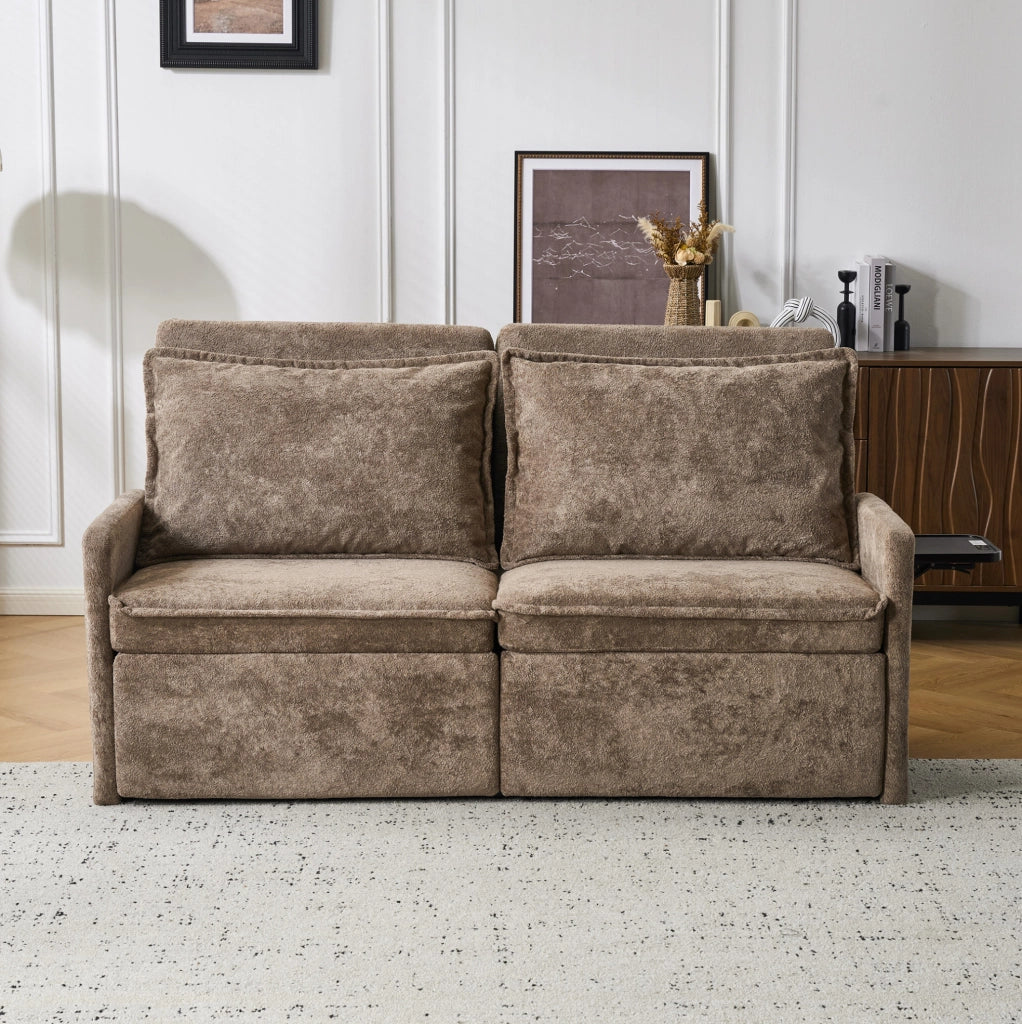 Divano letto ULEVR in ciniglia marrone con schienale regolabile, porte USB e Type-C e 2 tasche laterali