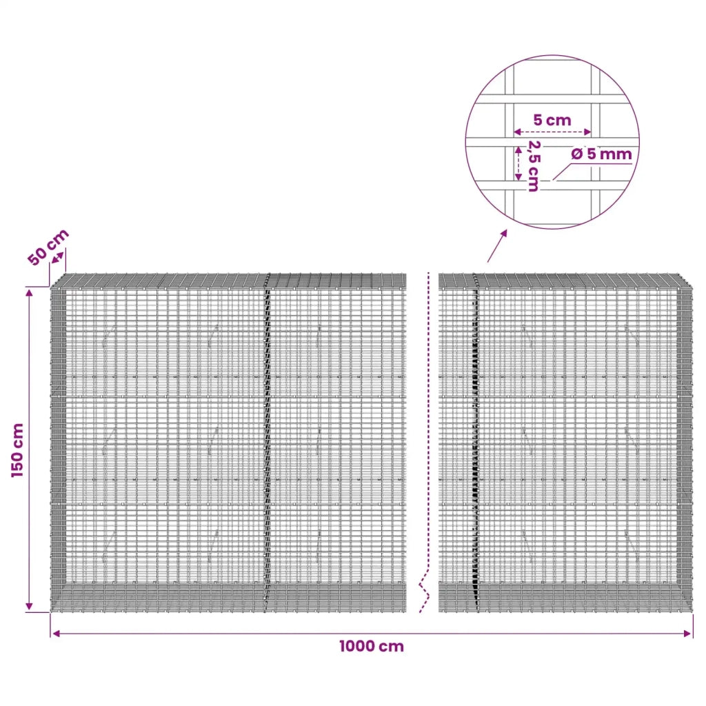 Gabione con Filo da 5 mm e Rete da 5x2,5 cm 1000x50x150 cm 3463814