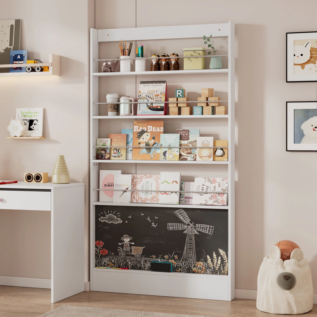Scrivania con 5 cassetti e libreria con 4 ripiani e lavagna - per studio - bianco