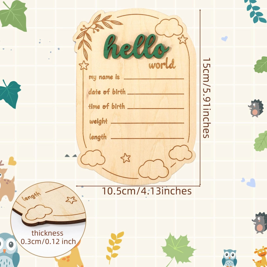 Segnaletica in legno per annunciare una gravidanza, scritta "Hello World", dimensioni 15x10,5 cm
