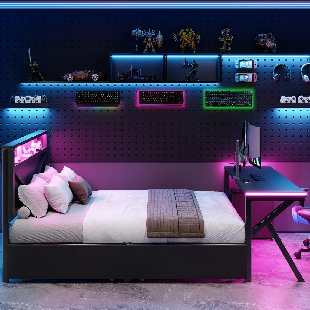 Letto con cassetti 140 × 200 cm con testiera LED e scrivania LED in metallo e MDF nero