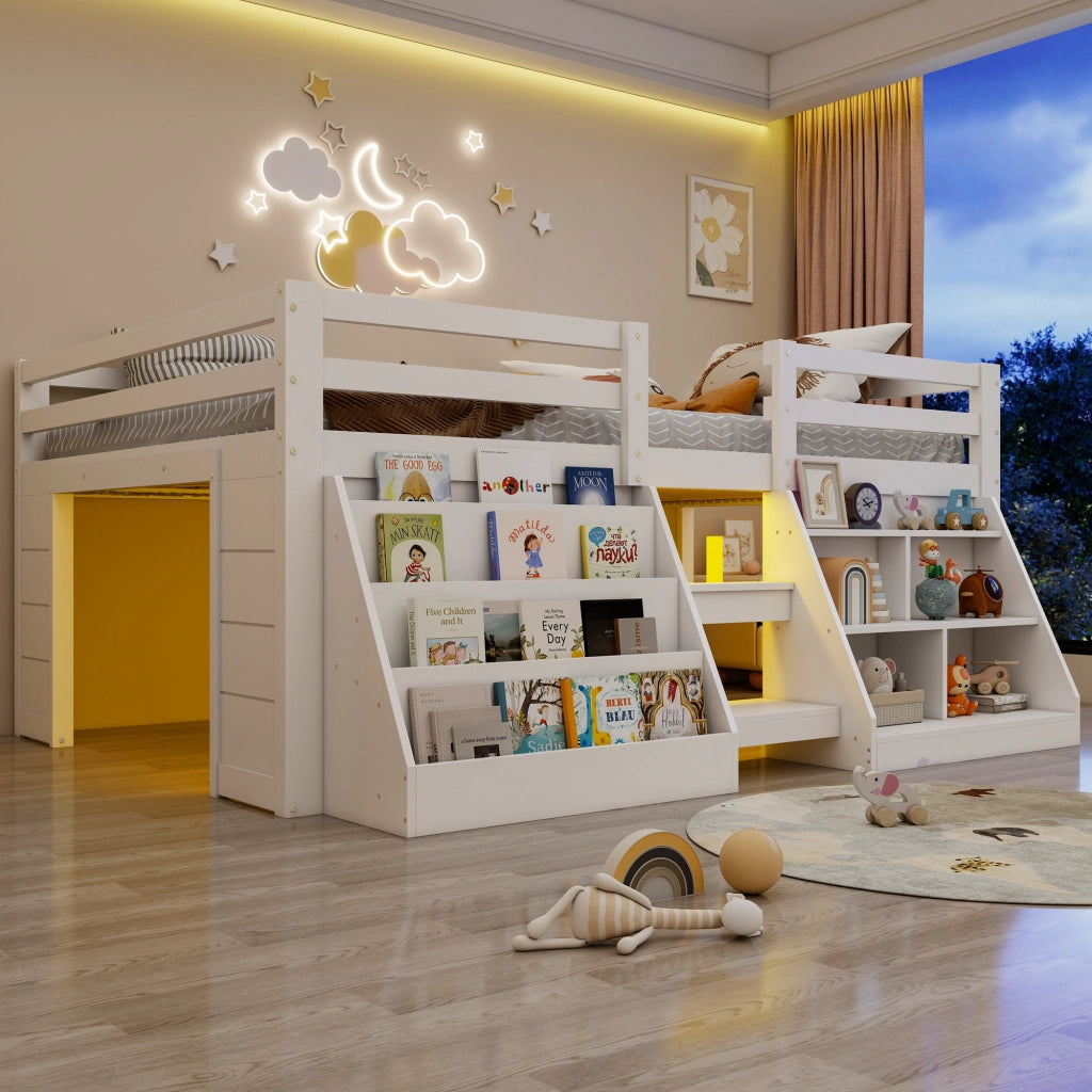 Letto rialzato per bambini bianco 140 x 200 cm con vani portaoggetti