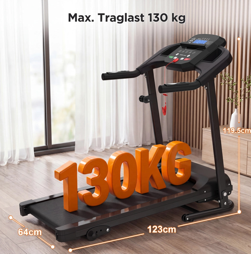 Tapis roulant pieghevole compatto per casa con maniglie, display LED multifunzione e 3 programmi, struttura in metallo, nero