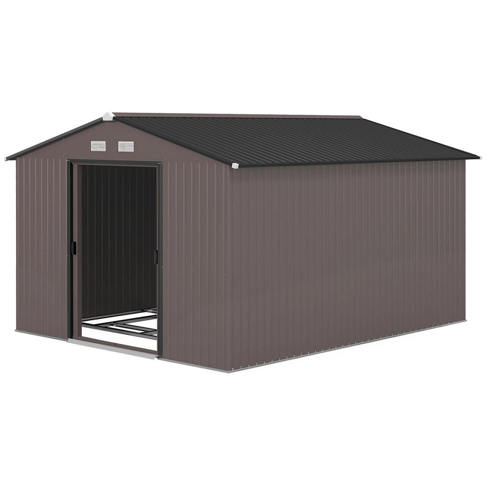 Casetta da Giardino in Acciaio Zincato Marrone 322x277x192 cm Capanno Porta Attrezzi con 2 Porte Scorrevoli e 4 Prese d'Aria