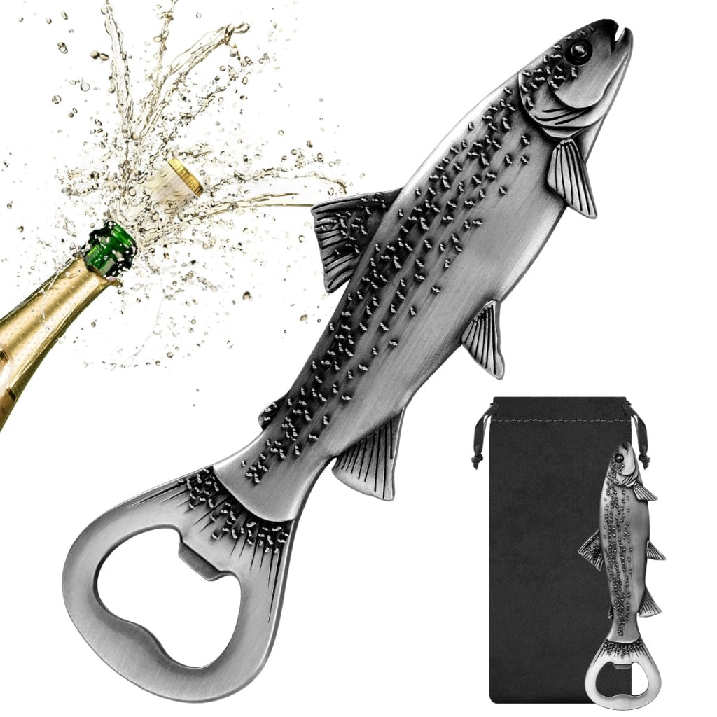 Apertiscatole a forma di trota, in zinco – un regalo a tema birra per gli appassionati di pesca