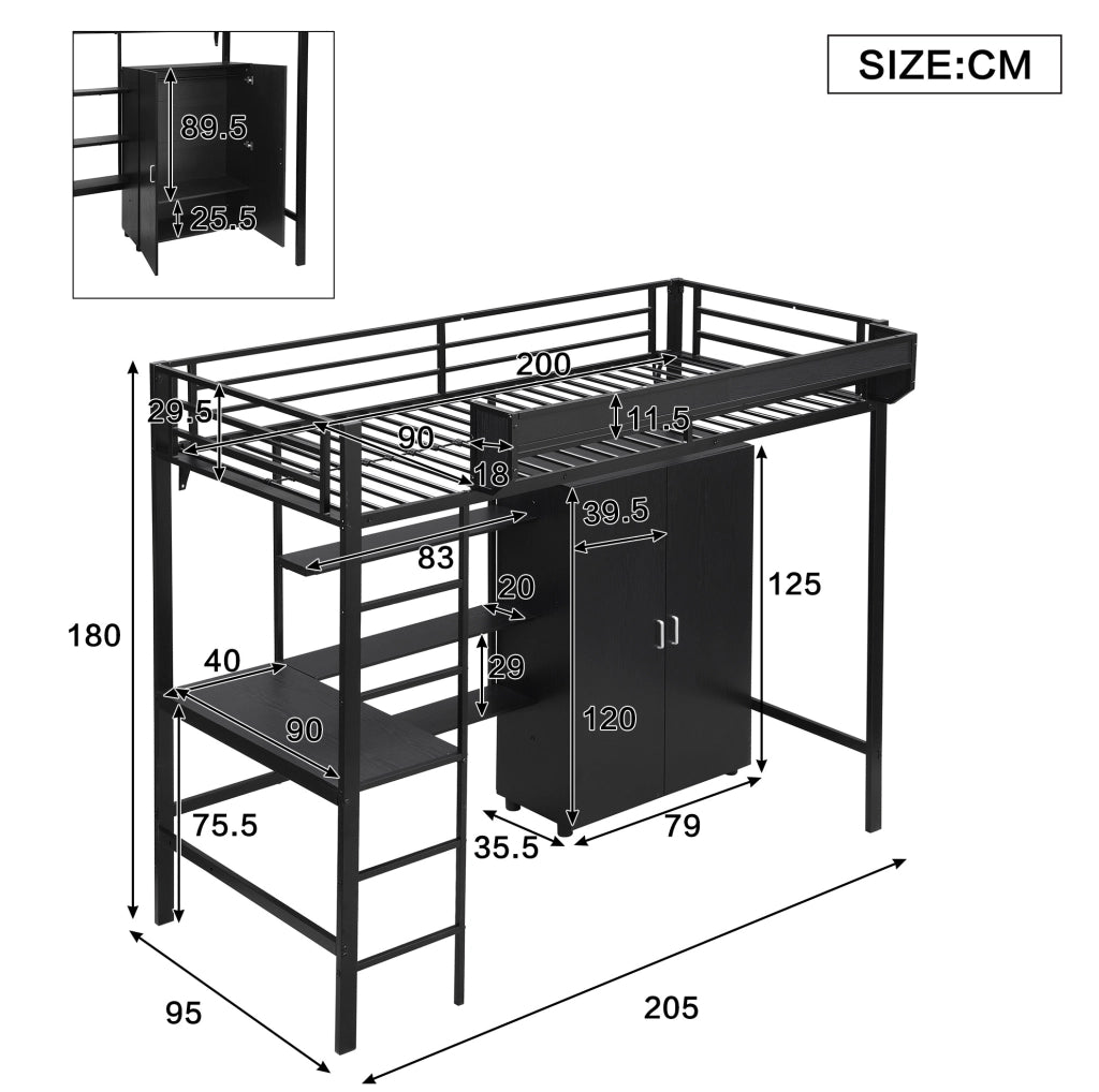 Letto a soppalco 90x200 cm con scrivania e armadio; metallo e truciolare nero