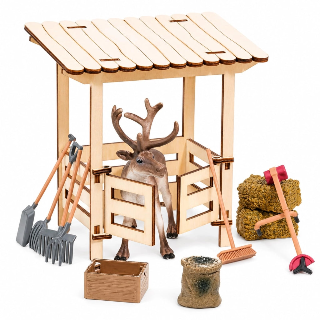 Set di accessori per gnomi, composto da 11 pezzi, con una casetta in legno e una renna