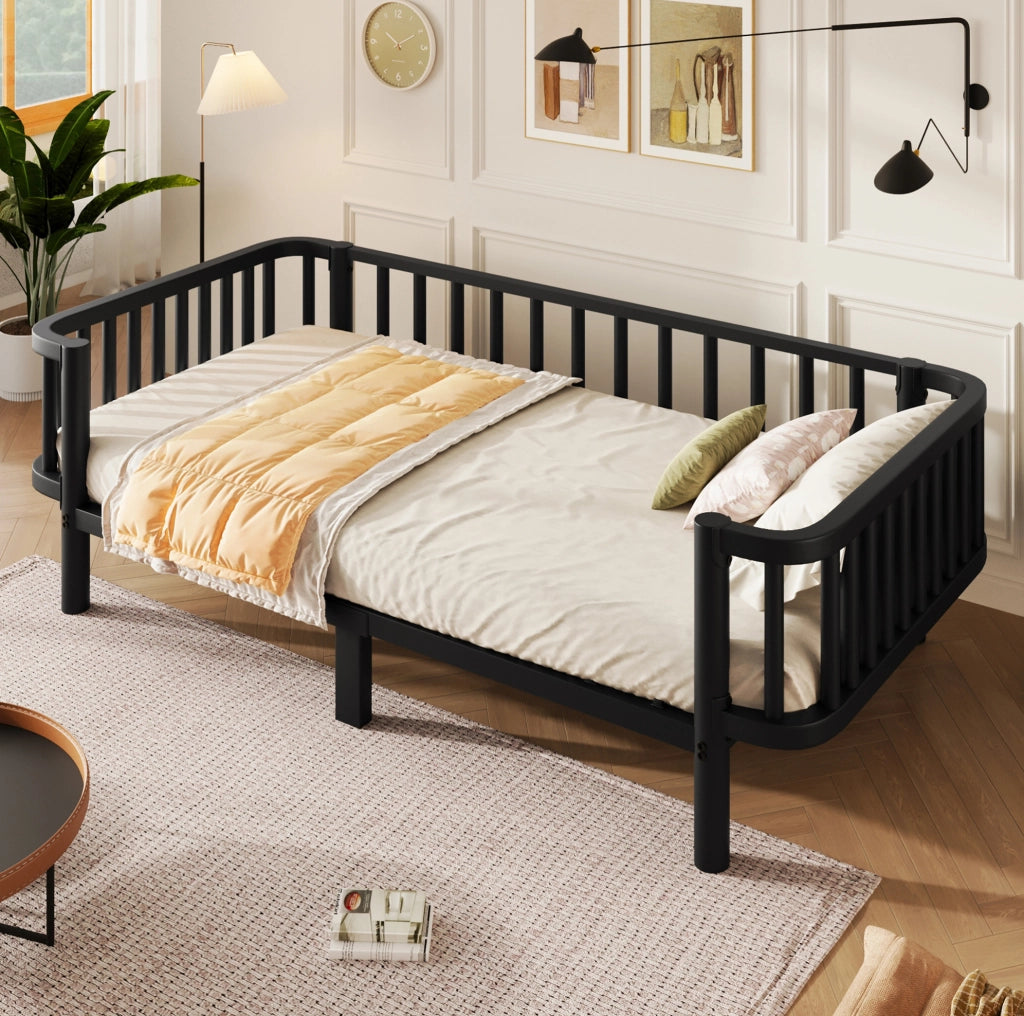 Letto diurno in metallo nero 90 x 200 cm, utilizzabile come divano
