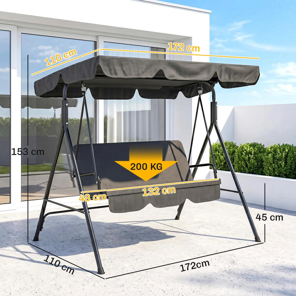 Dondolo da Giardino 3 Posti con Tettuccio Parasole Inclinabile, Struttura in Acciaio, Nero, 172 cm x 110 cm x 153 cm