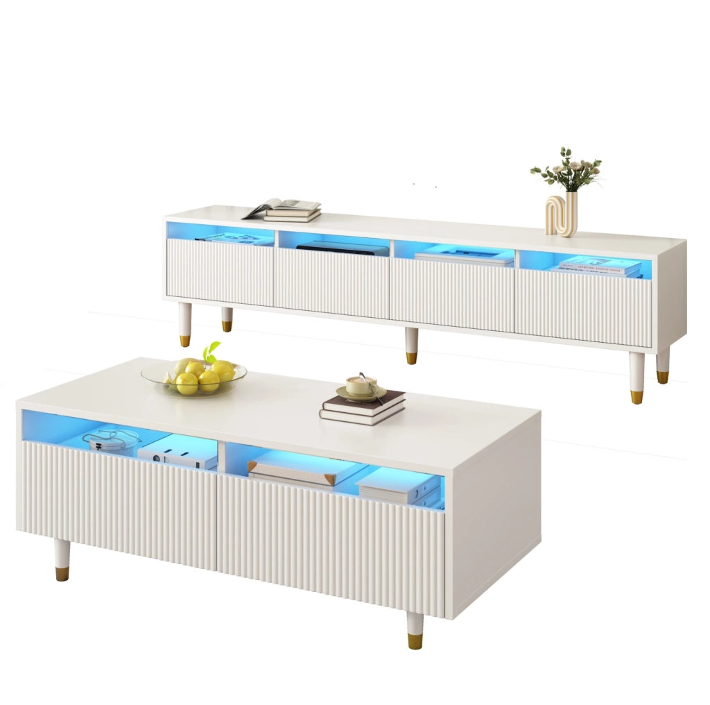 Set mobile TV e tavolino con LED, MDF bianco, 2 pezzi